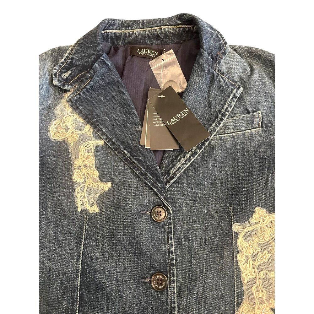 Lauren Ralph Lauren Womens Blazer Jean Jacket Sz 2 Embellished Lace Insulated - Picture 3 of 16